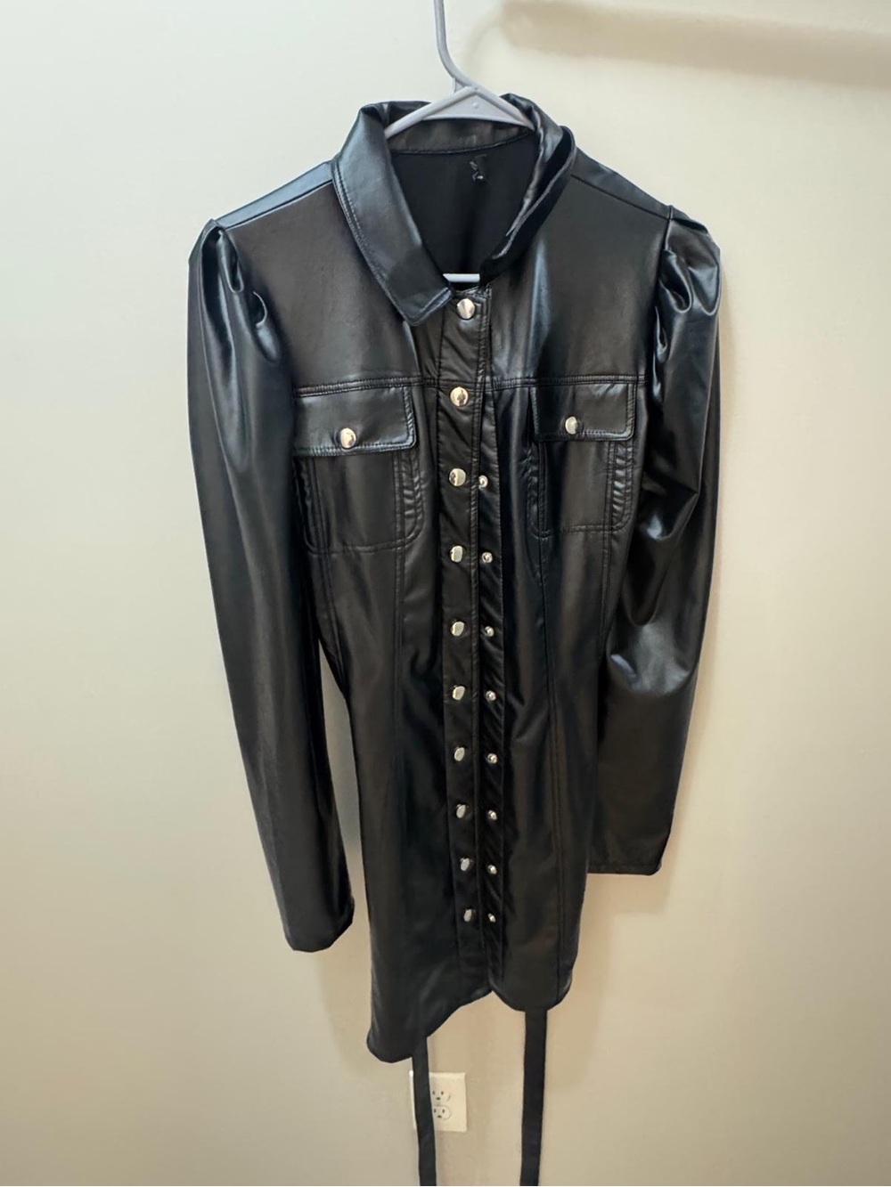 Black Faux Leather Button-Up Jacket Dress